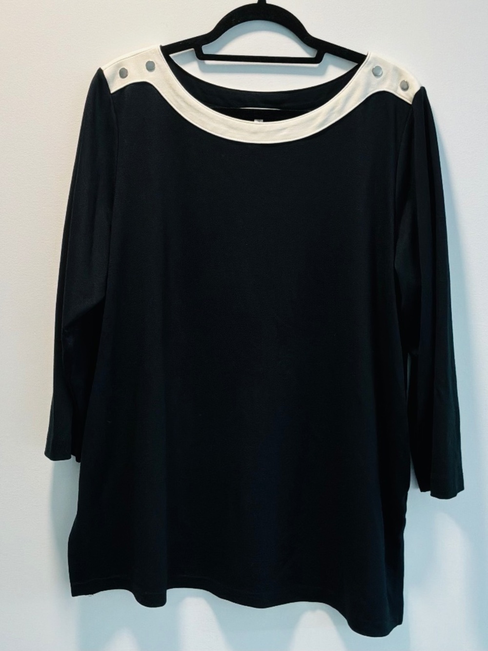 Cleo Black Boatneck Blouse with Cream Shoulder Button Accent - Size XL